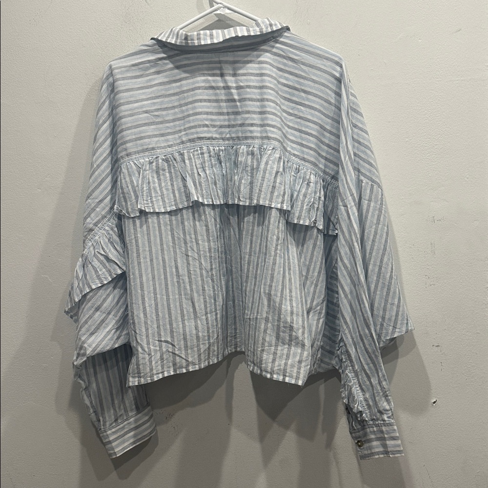 Anthropologie Pilcro batwing cropped stripe Button down blue white  XL ruffle - Picture 8 of 12